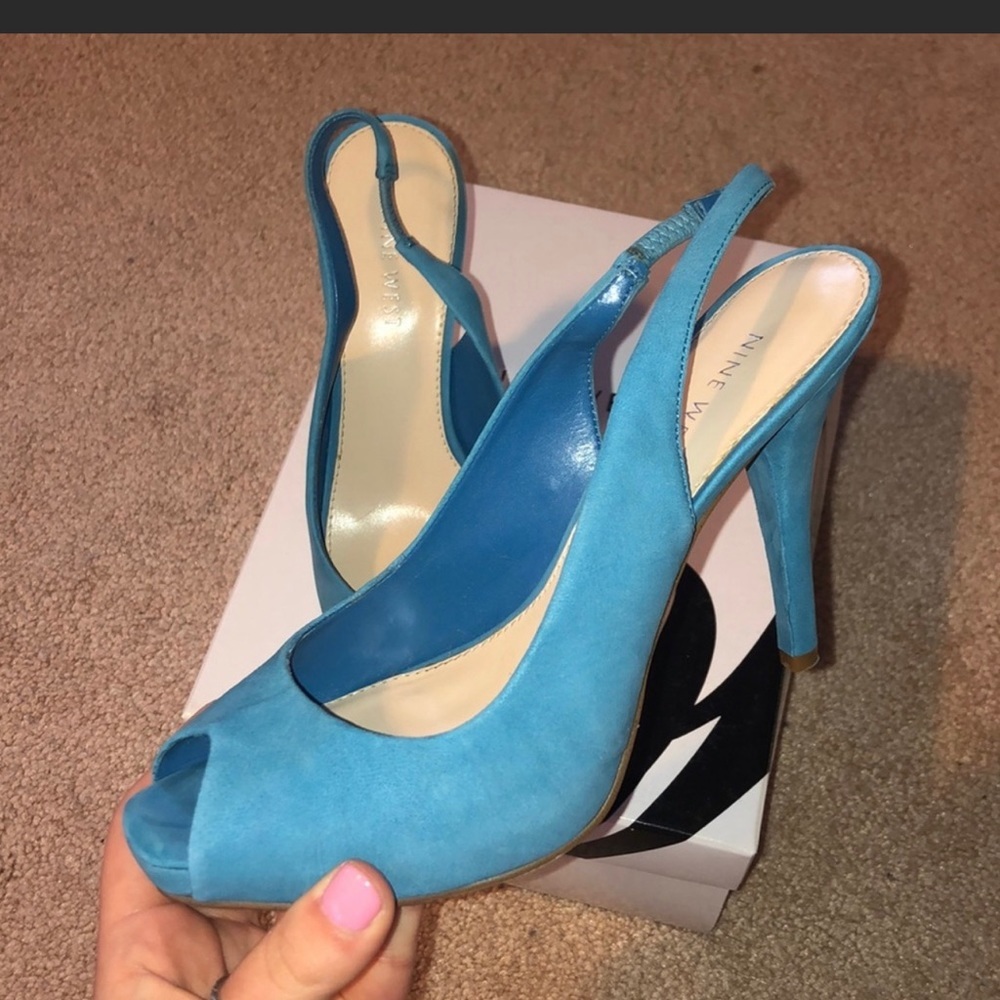Nine West Teal Blue Suede Peep-Toe Slingback Heels